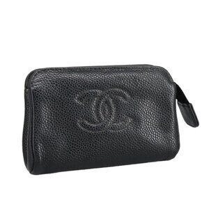CHANEL COCO Mark Pouch Grained Calf Skin Black Gold